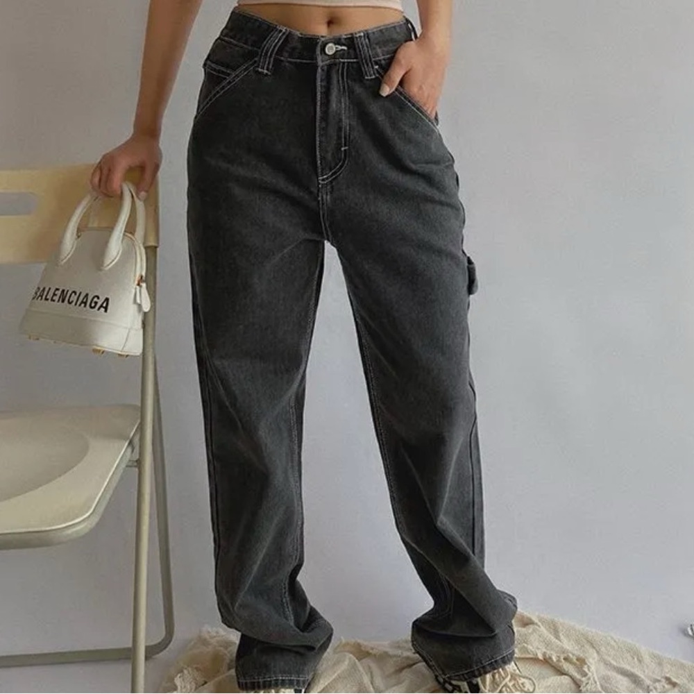 Stitched High-Waist Straight-Cut Loose Jeans